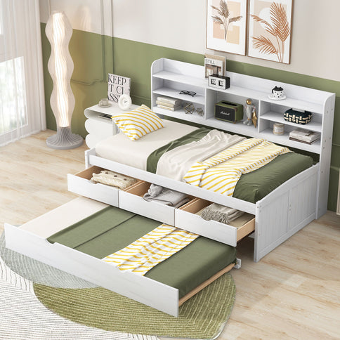 Captain Bed With Built In Bookshelves, 3 Storage Drawers, And Trundle
