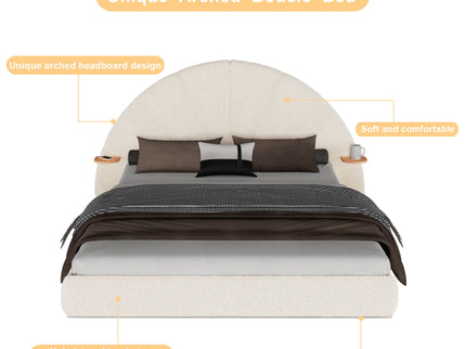 Queen Arched Bed With Small Table, Floor Standing Design - Beige