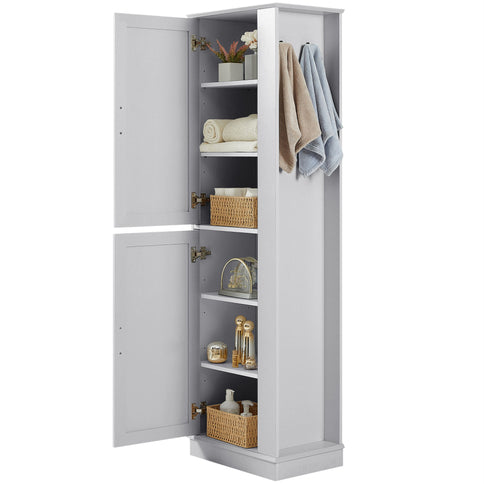 Tall Freestanding Bathroom Storage Cabinet With Adjustable Shelves And Side Hooks