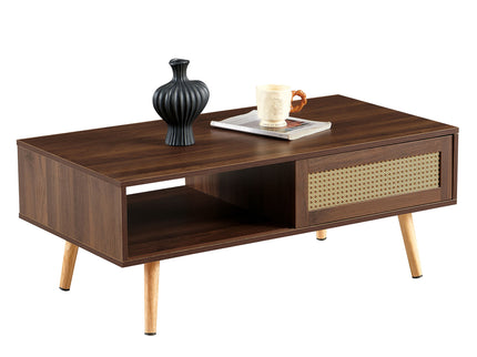 41.34" Rattan Coffee Table, Sliding Door For Storage, Solid Wood Legs, Modern Table For Living Room