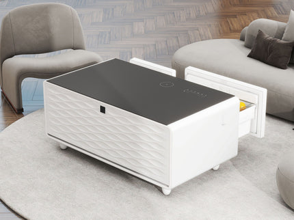 Modern Smart Coffee Table With Built-In Fridge - tooth Speaker, Wireless Charging, Touch Control Panel, USB Interface, Outlet Protection, Atmosphere Light