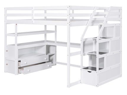 Loft Bed With Desk, Shelves, 2 Drawers, Storage Staircase