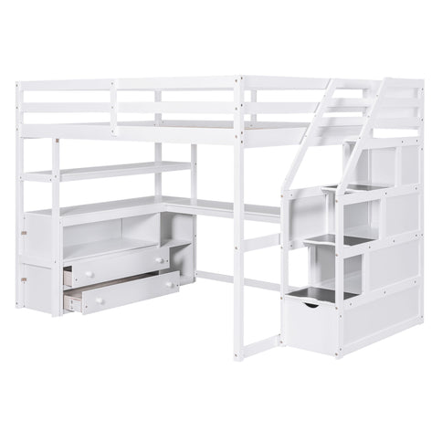Loft Bed With Desk, Shelves, 2 Drawers, Storage Staircase
