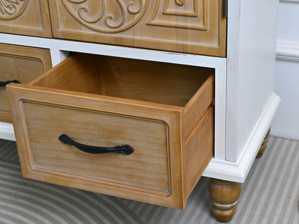 Accent Flower Carved Door Sideboard Cabinet With 2 Drawers For Kitchen - Natural Wood Wash / White