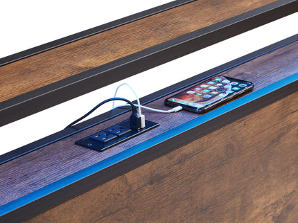 Metal Platform Bed Frame With Wooden Headboard And Footboard With USB Liner, LED Lights, No Box Spring Needed, Large Under Bed Storage