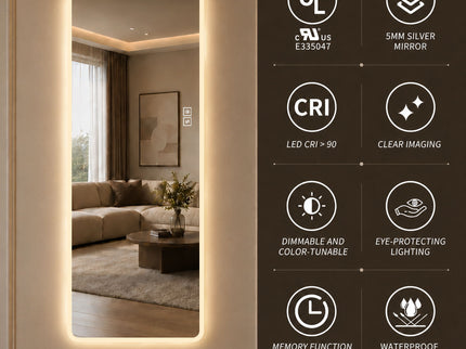 LED Full Length Mirror With Frosted Edge Lighting, 3 Color Temperatures