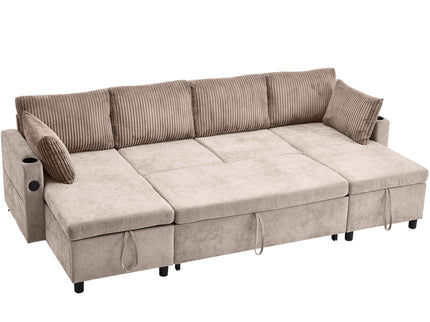 Sectional Sofa Bed With Pull Out Sleeper, USB Ports, Cup Holders