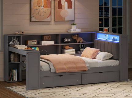 Platform Bed With Upholstered Headboard, Storage Shelves, Drawers, Charging Station, LED Lighting, Built In Desk