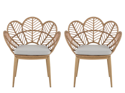 Kirk - Outdoor Wicker Peacock Shape Papasan Style Chair, Teak Finished Leg (Set of 2) - Beige / Light Brown / Light Teak