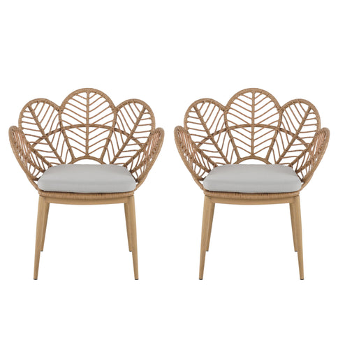 Kirk - Outdoor Wicker Peacock Shape Papasan Style Chair, Teak Finished Leg (Set of 2) - Beige / Light Brown / Light Teak