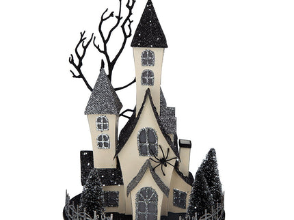 Cardboard Lighted Haunted House, Tabletop Holiday Halloween Decor, Battery Powered - Beige / Black