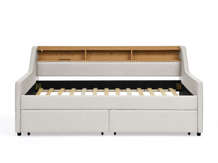 Twin Upholstered Sofa Bed With LED Lights, Storage Drawers, Adjustable Headboard & Wireless Charging - Beige