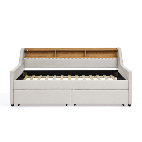 Twin Upholstered Sofa Bed With LED Lights, Storage Drawers, Adjustable Headboard & Wireless Charging - Beige