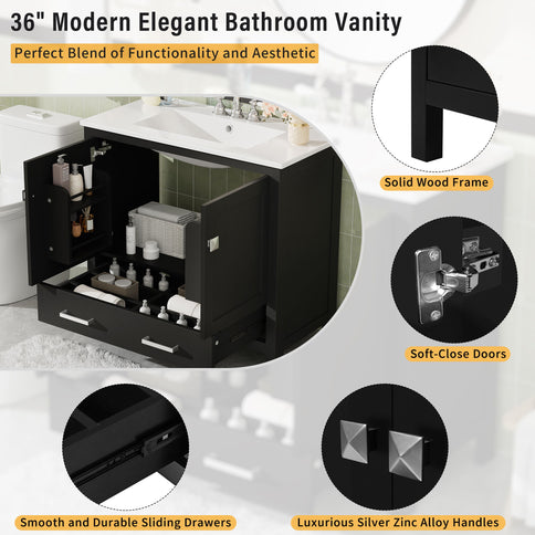 Bathroom Vanity With Sink, Soft Close Doors, Double Shelves & Divided Drawer