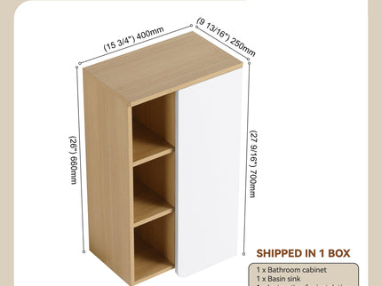 Wall Mounted Bathroom Side Cabinet, Single Door With 3 Tier Open Shelves - Black / Light Oak / White