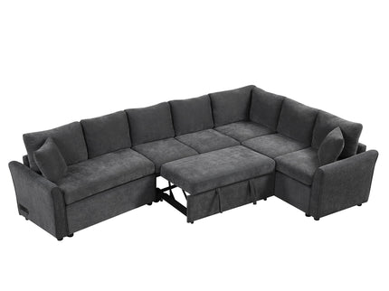 L-Shaped Sofa Convertible Sofa Bed Pull Out Sofa Sleeper With Two Back Pillows, Two USB Ports And Two Power Sockets For Living Room