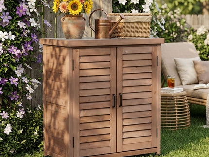 Potting Bench With Storage Cabinet And Metal Table Top For Outdoor