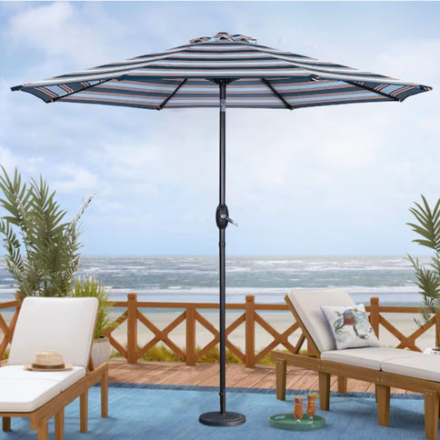 Patio Umbrella With Crank Lift & Push Button Tilt Frame, 200G / Sqm Solution Dyed Canopy - Blue Multi / Brown
