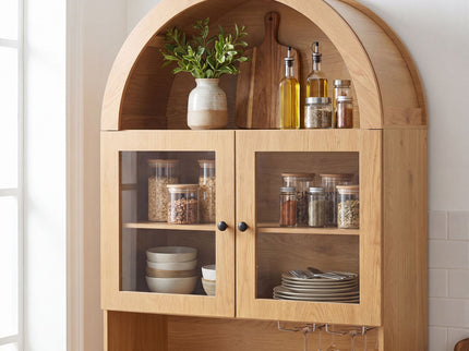 Tall Arched Pantry Cabinet With Charging Station, Adjustable Shelves, Coffee Bar