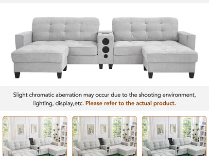 Modern Sectional Sofa U-Shaped With Movable Ottomans, tooth Speakers, LED Lights And Modular Storage