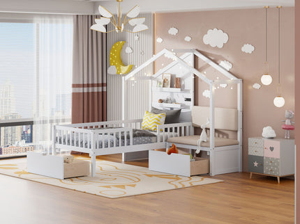 House Bed With Upholstered Sofa, Wireless Charging Station, Shelves And 2 Drawers