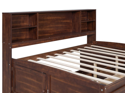 Full Size Captain Bed With Built In Storage Shelves, 4 Drawers And 2 Cabinets - Antique Brown