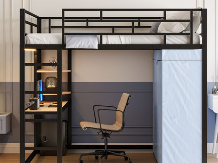 Loft Bed With Desk, Shelves, Power Outlet, LED Light And Wardrobe