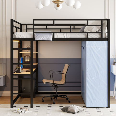 Loft Bed With Desk, Shelves, Power Outlet, LED Light And Wardrobe
