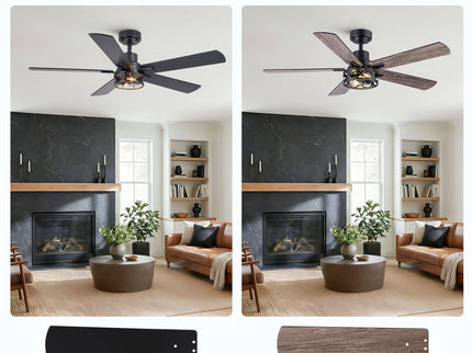 Ceiling Fan With Light, Dual‑Sided Matte Black & Wood Grain Blades - Black