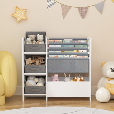 Bookshelf And Toy Storage Organizer, Multifunctional 4 Tier With 3 Collapsible Drawers - White