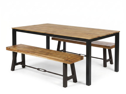 3 Piece Outdoor Dining Set, Rectangular Patio Table & 2 Benches - Black / Teak