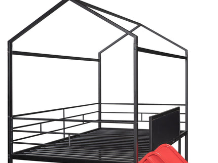 Twin Metal Loft Bed With Slide And 2 Sided Writable Wooden Board - Black