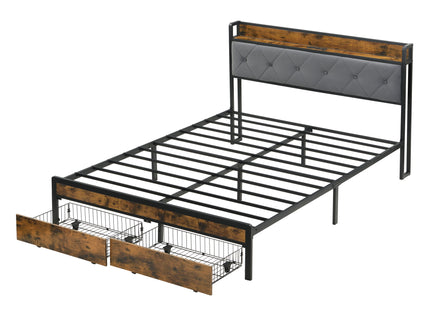 Modern Bed Frame With LED Lights, Upholstered Headboard, USB Charging