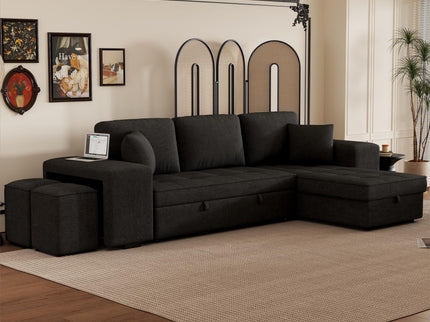 Modern L-Shape 3 Seat Reversible Sectional Couch, Pull Out Sleeper Sofa With Storage Chaise And 2 Stools For Living Room Furniture Set