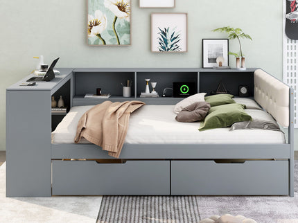 Upholstered Headboard Platform Bed With Storage Shelves, Drawers, Charging Station