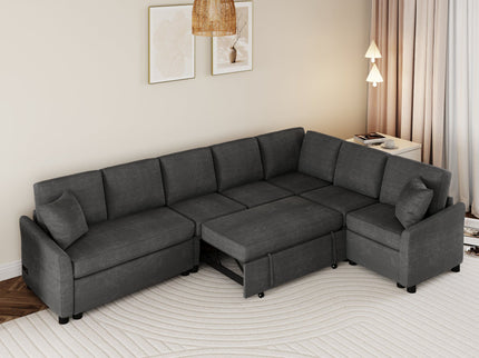 L-Shaped Sofa Convertible Sofa Bed Pull Out Sofa Sleeper With Two Back Pillows, Two USB Ports And Two Power Sockets For Living Room