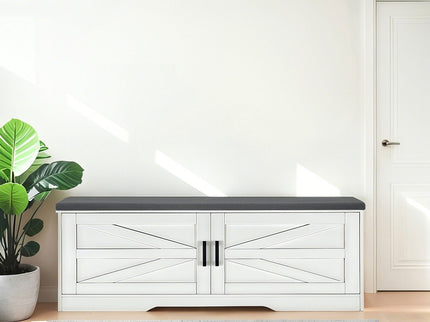 2 Tier Shoe Bench With Padded Seat, 2 Barn Doors And Adjustable Shelves, For Entryway And Living Room - White