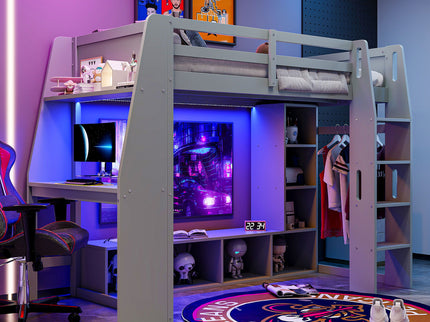 Gaming Loft Bed With Desk, Multi Storage Shelves, LED Lighting, And Hanging Clothes Rack