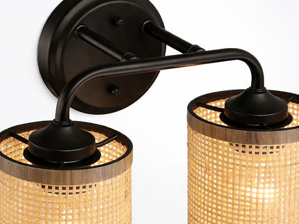 Quell - Double Light Vanity With Natural Shade Wall Lamp - Black / Rattan