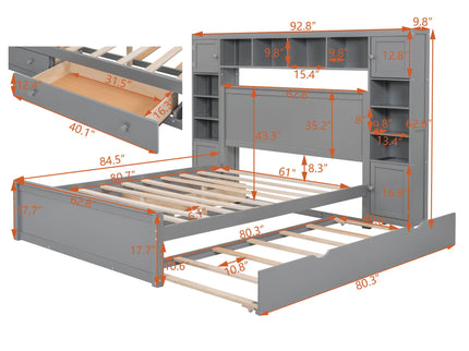 Bed With All In One Cabinet, Shelf And Sockets, Twin Long Trundle