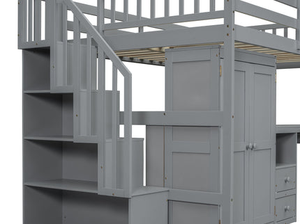 Loft Bed With Stairs, Bookshelf, Drawers, Desk & Wardrobe, Space Saving Multifunctional Furniture