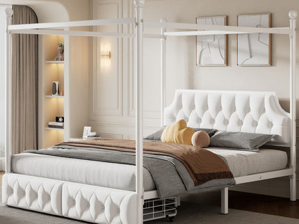 Queen Size Canopy Platform Bed With Upholstered Headboard And 2 Storage Drawers - White