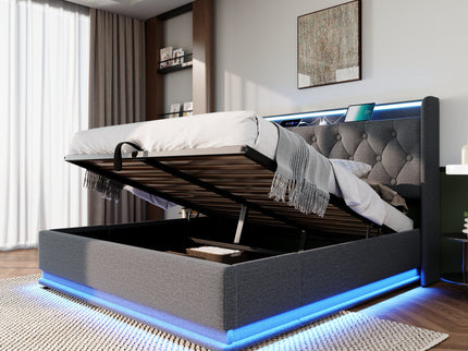 Upholstered Bed, 360 Surround LED Function, Remote Control, Hydraulic Storage Bed With USB, Type-C Charging (Without Mattress)