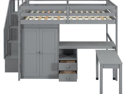Loft Bed With Stairs, Bookshelf, Drawers, Desk & Wardrobe, Space Saving Multifunctional Furniture