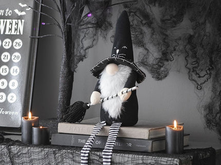 Sitting Gnome With Broomstick & Long Legs, For Halloween Decor - Black White