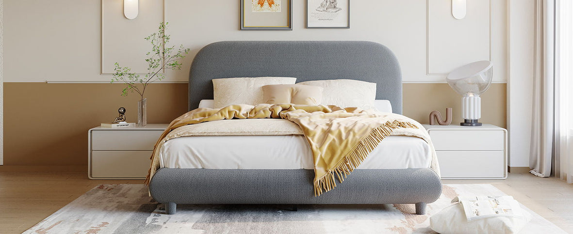 Upholstered Platform Bed With Thick Solid Frame And Stylish Curve-Shaped Design