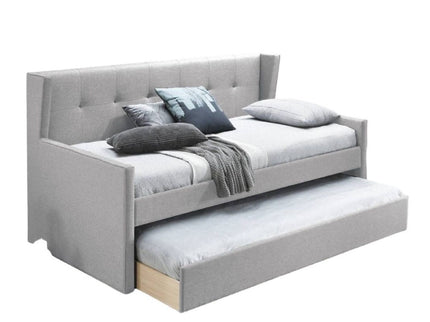 Daybed With Slat Trundle, Button Tufted - Light Gray