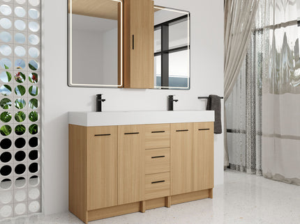 Double Sink Bathroom Vanity Set With Tall Linen Cabinet, 3 Drawers, Extra Large Storage, Integrated Sink, Freestanding Cabinet - Light Oak / White
