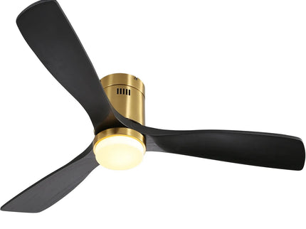 Flush Mount Ceiling Fan With 3 Solid Wood Blades Remote Control Reversible DC Motor For Living Room - Gold