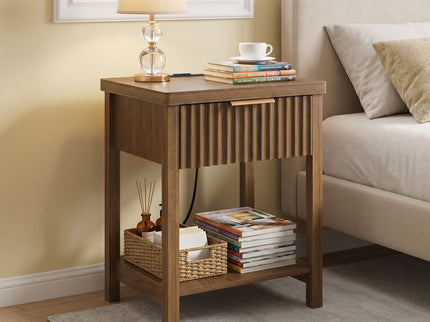 Nightstand, Bedside Table With Built In Charging Station (Set of 2) - Walnut